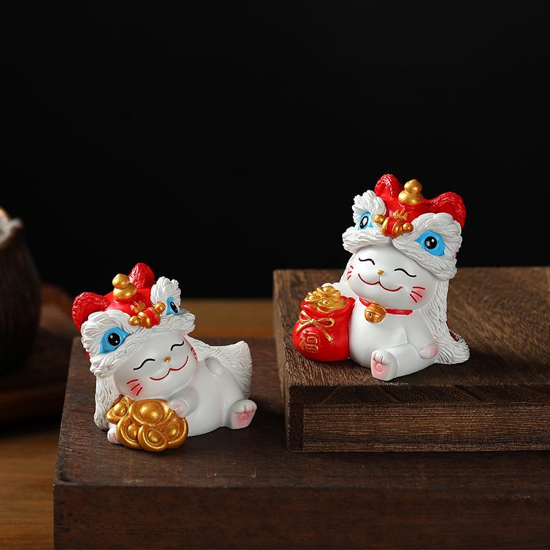 Lion Dance Lucky Cat Ornament - Perfect for Home, Car, or Office Decoration and New Year Gifts