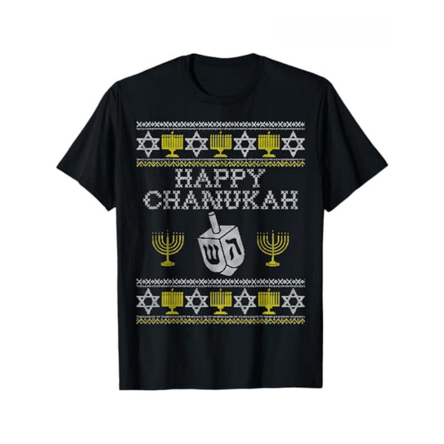 Happy Chanukah Funny Sweaterwith Golden Star of David Menorah Design100cotton Oneck short sleeve printed mens Tshirt S