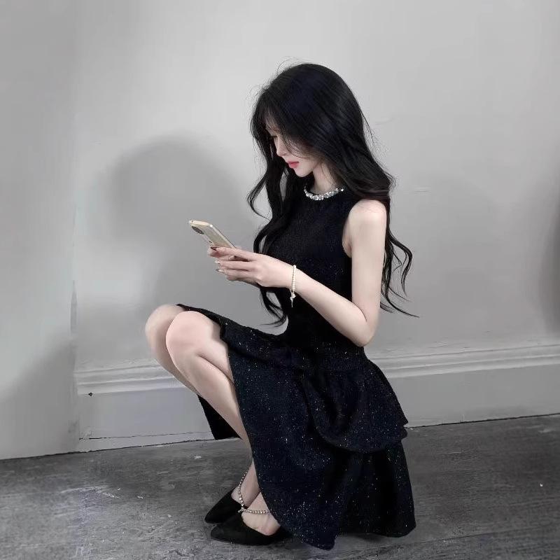 French temperament daughter feeling small black dress beautiful gift dress Spice girl waist dress women's birthday short skirt
