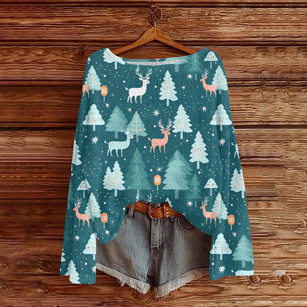 Women's Fashionable Oversized Knitwear Long-Sleeved Christmas Print Top