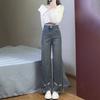 Spring and Summer New High-waisted Ripped Dad Jeans Slim Straight Female Loose Beggar Floor Pants Female