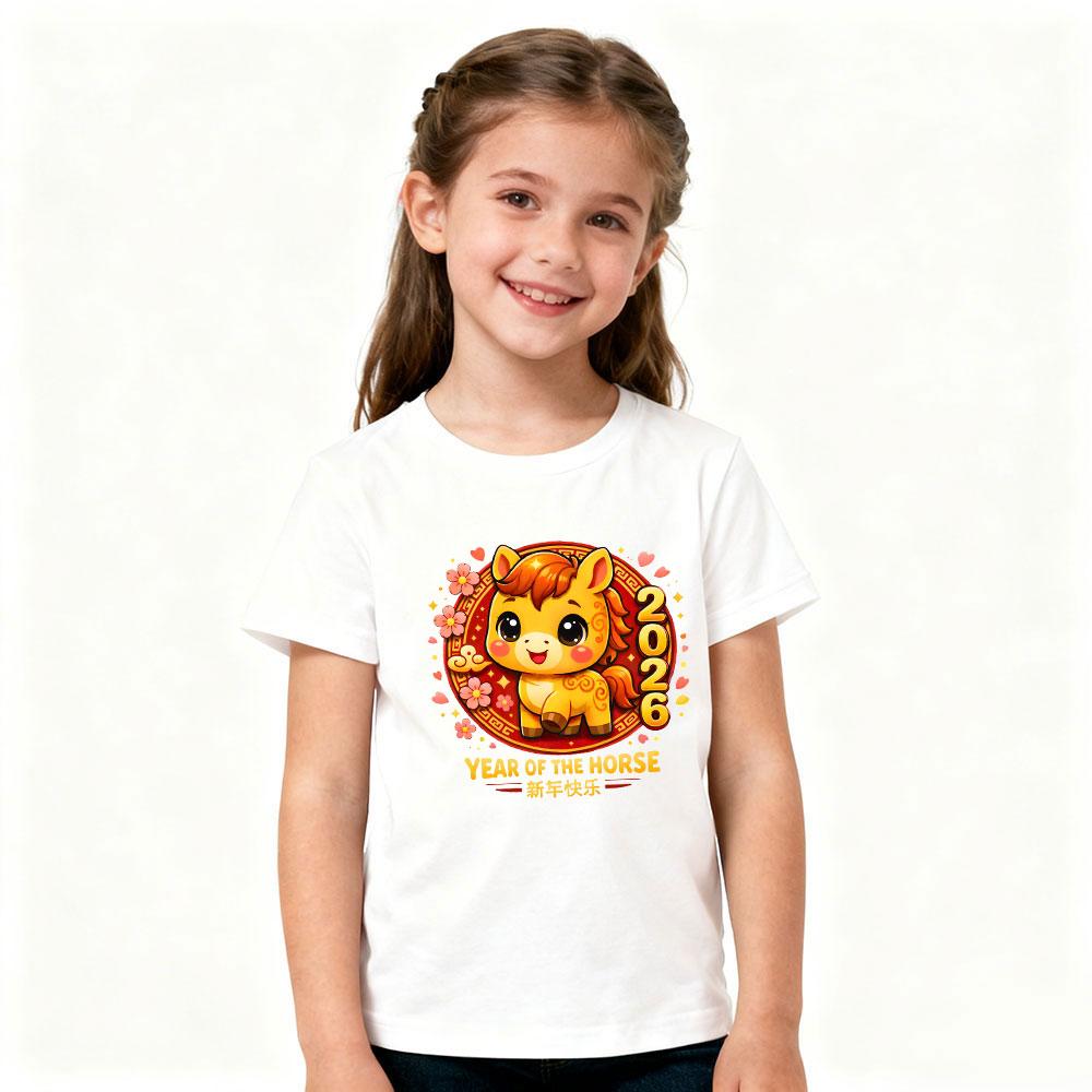 Year of The Horse 2026 Kids Tshirt Chinese New Year Kawaii Horse Printed Shirt Boys and Girls New Year Festival Costumes