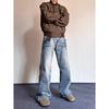 High Street Denim Pants For Men, Retro Distressed, Loose Straight Leg Pants, Wide Leg Sports Pants, Trendy