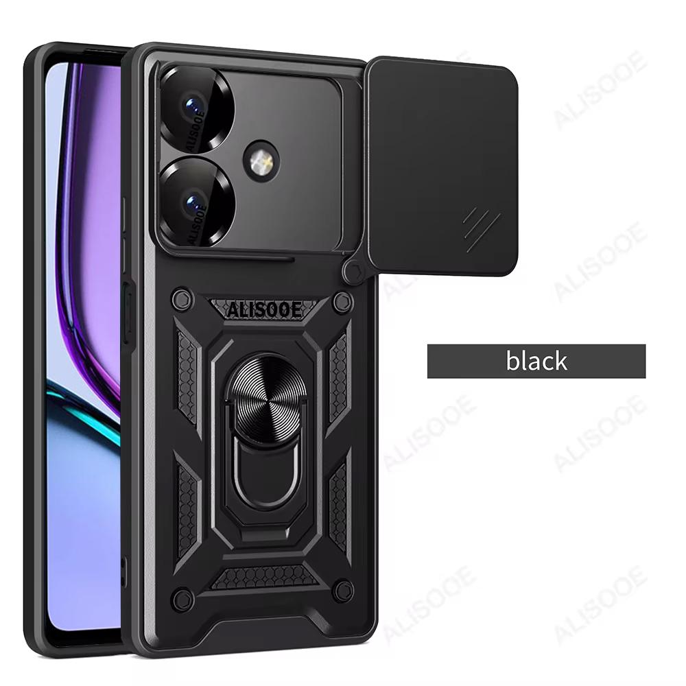 

Слайд-камера Funda для Realme Narzo N61 4G Чехол Push Lens Ring Stand Защитный чехол для Realme Note 60 4G Противоударный чехол Realme Narzo N61 4G чёрный