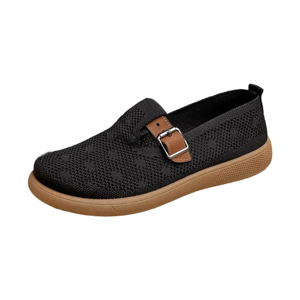 Women Casual Slip On Shoes Breathable Knit Fabric Round Toe Soft Sole Flat Loafers with Adjustable Buckle Strap Comfortable Walking Shoes