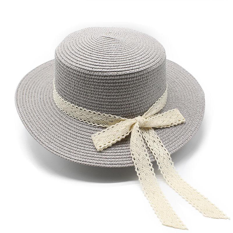 Straw Hat Women'S Summer British Style Lace Bow Flat Top Top Hat Sunshade Sun Protection Straw Hat Beach Hat Sun Hat