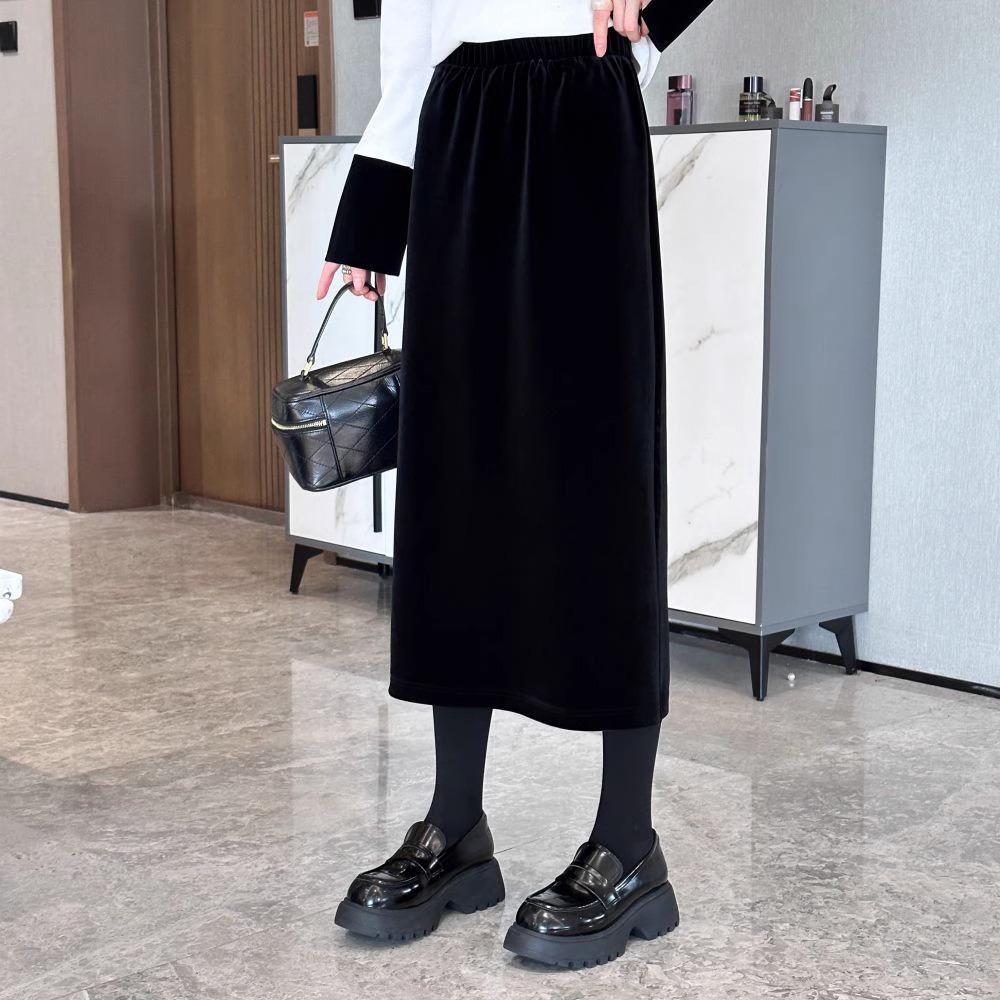 

Women s Black Gold Velvet High Waist Slit Skirt - Elegant Mid-Length Tube for Spring/Autumn 2026 L (115-130 lbs)