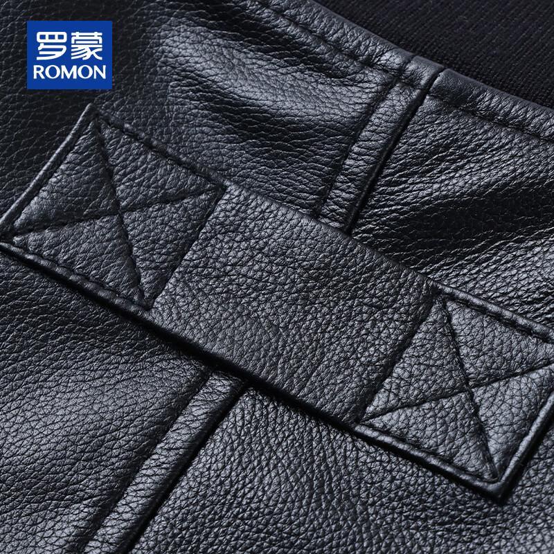 ROMON Men's Genuine Leather Baseball Collar Jacket