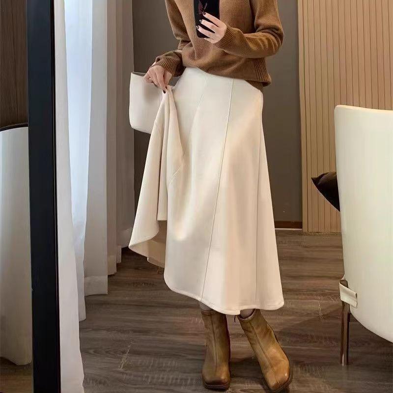 Woolen High-Waisted A-Line Eight-Panel Midi Skirt for Women - Elegant and Versatile for Autumn/Winter