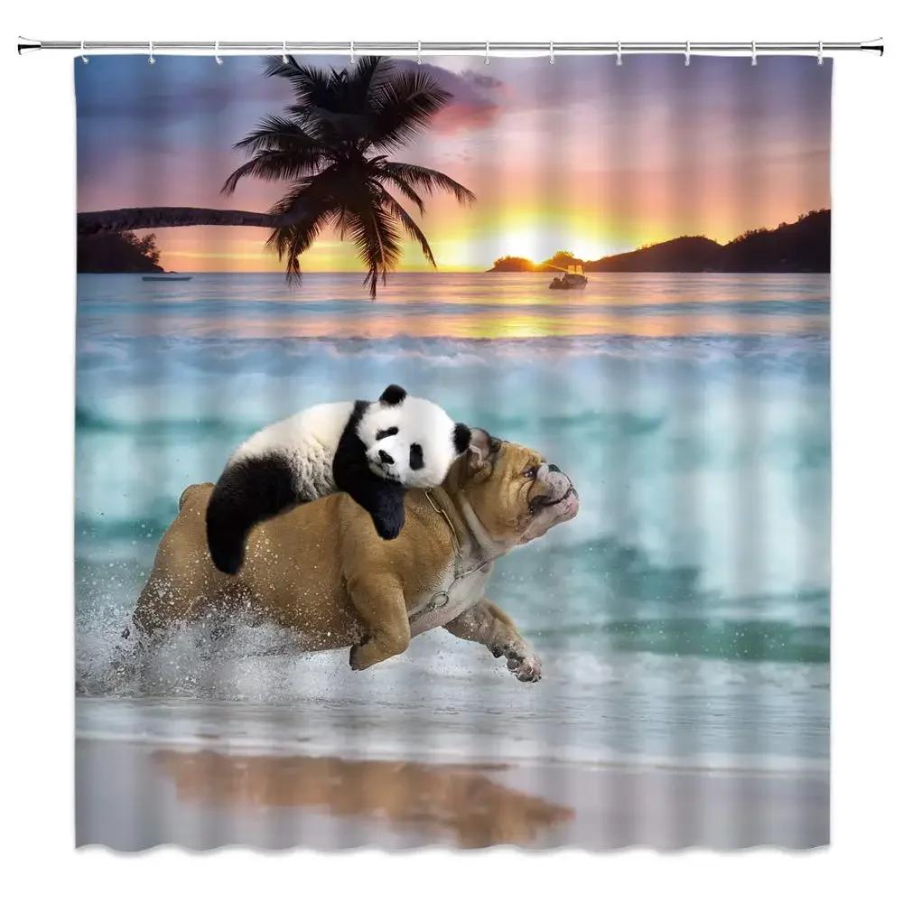 Funny Bulldog Fabric Shower Curtain Bear Deer Cow Forest Animal Vintage Style Polyester Fabric Art Shower Curtain Bathroom Decor