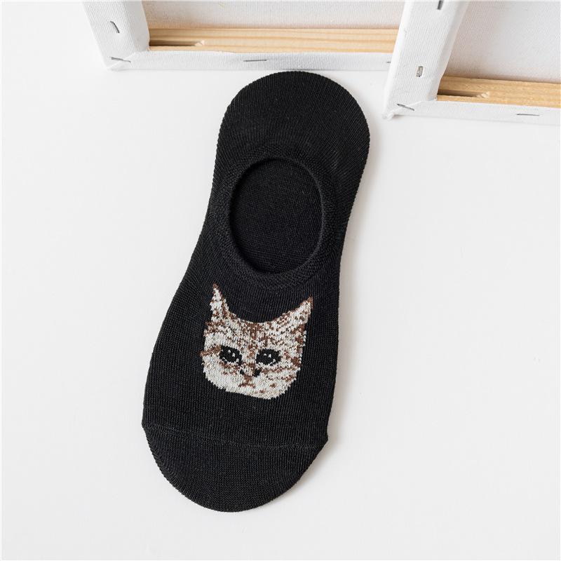 5 Pairs Cat Pattern Dark Floral Socks - Concealed Low-Profile, Slip-Resistant Heel, Charming Kitty for Year-Round Wear