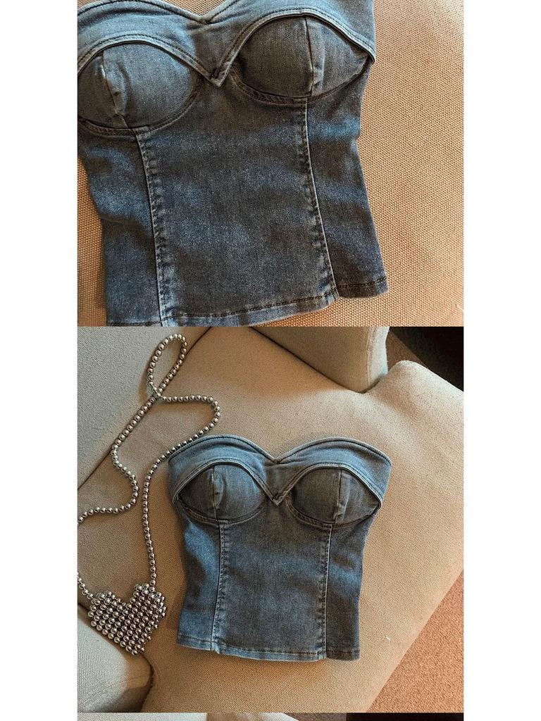 Trendiges Retro-Farben-Denim-Bandeau mit einem Träger: Damen Cooles & Vielseitiges Cropped Top Sommer 2026