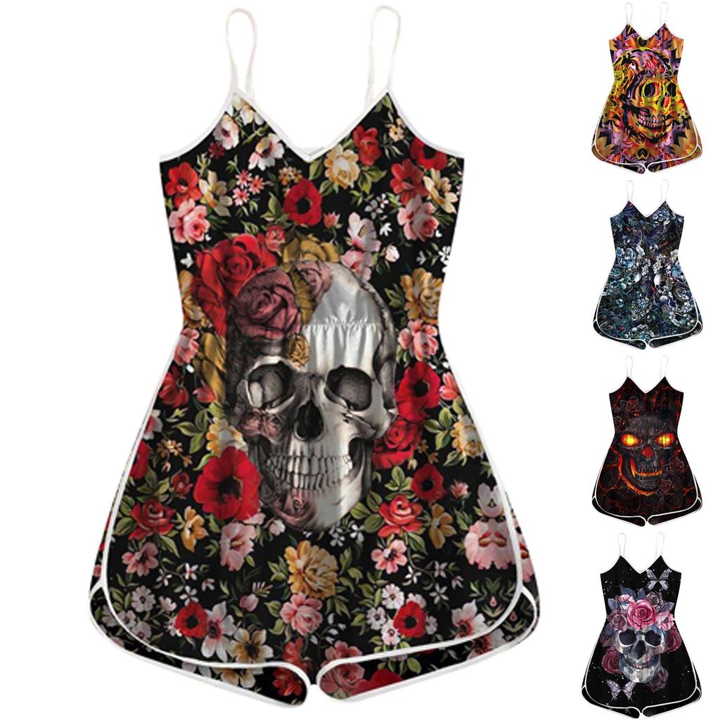 Buy Women's Halloween Pumpkin Skull Print Pajama Pajama Jumpsuit at