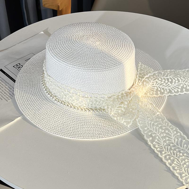 Pălărie de paie cu perle și dantelă nouă, pălărie de soare de vară pentru femei, pălărie de plajă cu protecție solară, pălărie plată