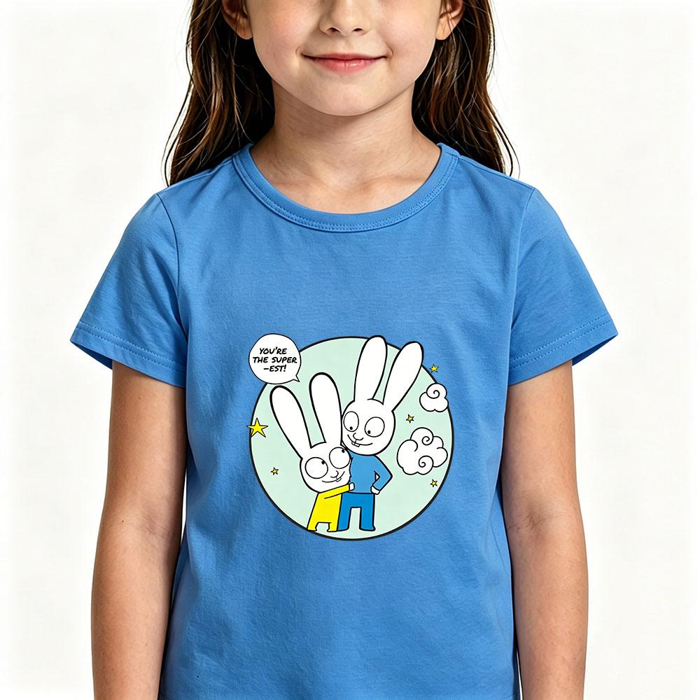 T-shirt Bambino Cartone Animato Simon Super Coniglio 100% Cotone Carina Ragazzi Ragazze Manica Corta Stampa Manga Top Bambini Casual Toddler Estate