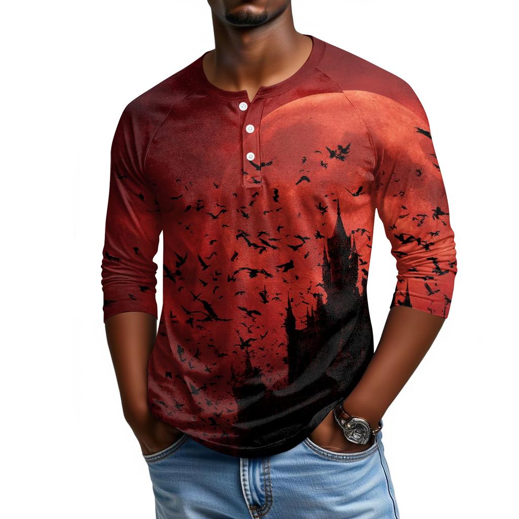 Men Casual Halloween Print Henley Shirt Raglan Three Quarter Sleeve Top Lightweight Comfortable Fabric