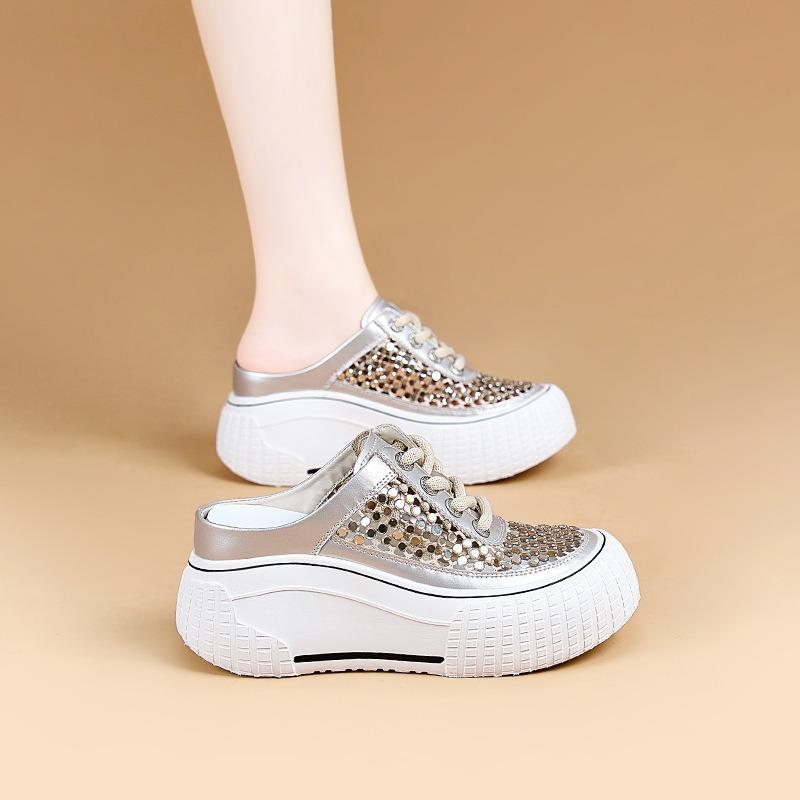 Summer rhinestone mesh breathable little white shoes women's popular mesh thick sole heightening muffin bottom casual half tray