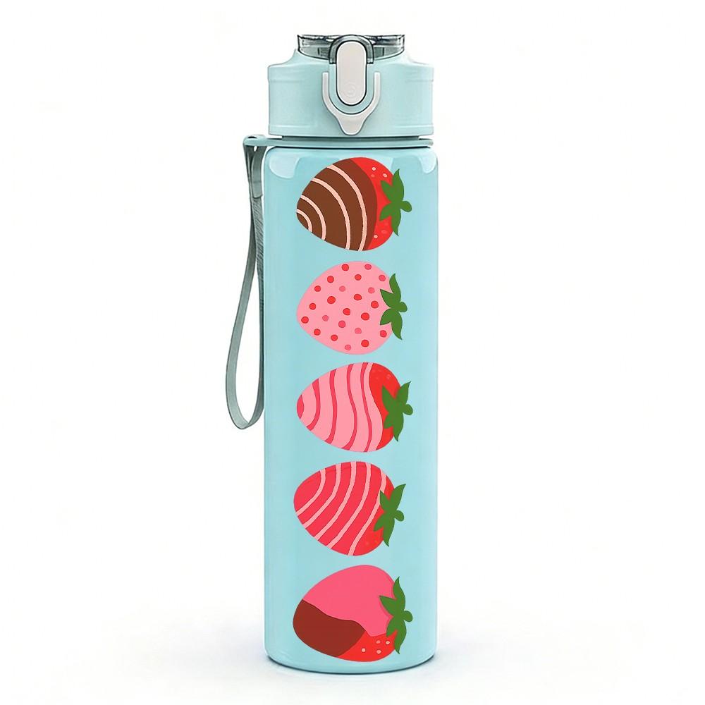 1PC Vertical Strawberry Slices 750ml Color Plastic Sports Water Bottle Leakproof Flip Straw Lid Suitable for Sports Office Home Use