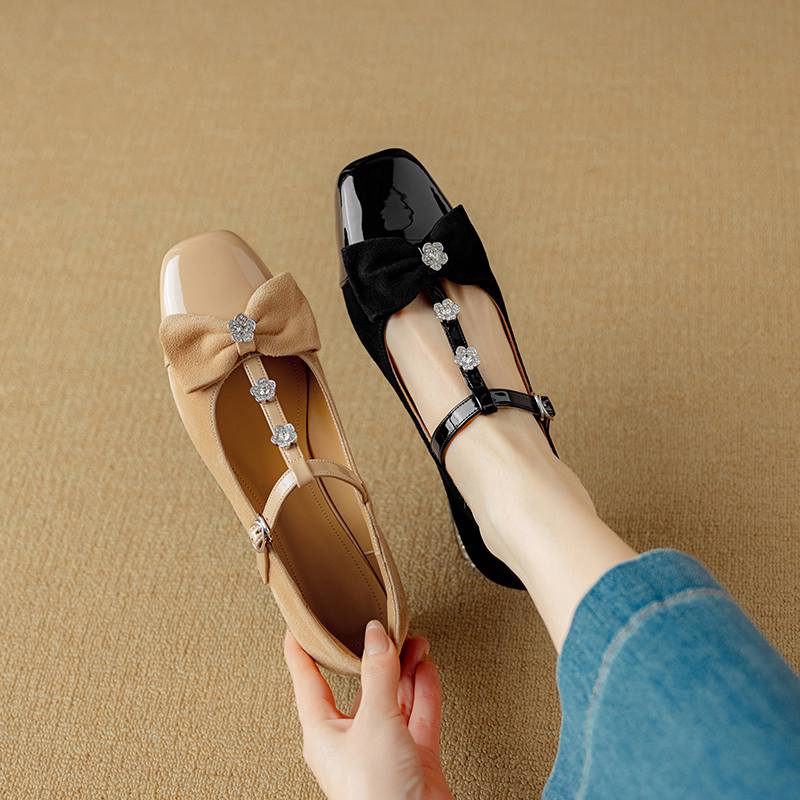 Krazing Pot Sheepskin Summer Size 40 Crystal Low Heels Butterfly-knot Rhinestone Flowers Square Toe Elegant Sweety Pumps