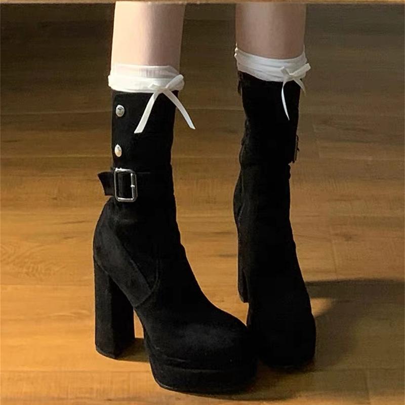 Vintage Platform Thick High Heel Women Ankle Boots Fashion Slip On Autumn Winter Female Western Short Booties