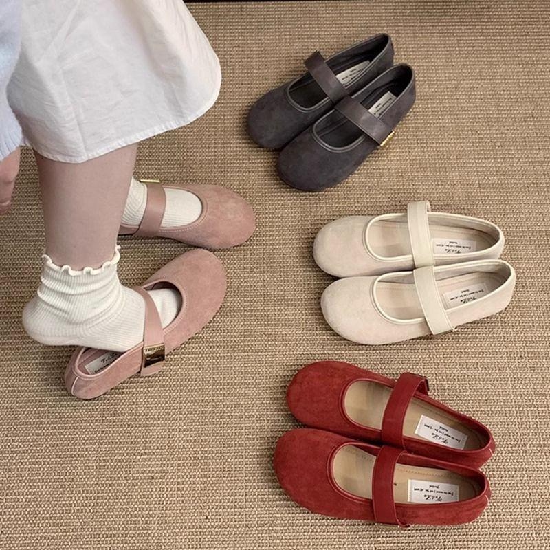 Nouvelles chaussures plates décontractées Mary Jane style fée douce rétro daim rouge bouche légère chaussures simples femme printemps