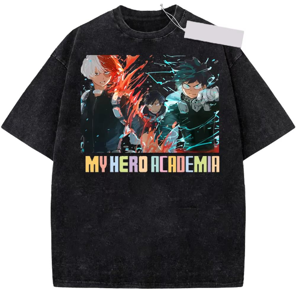 Anime My Hero Academia Midoriya Izuku OCHACO URARAKA Graphic Print T-Shirt Men Women Retro Washed O-neck Cotton Loose Casual Oversized Summer New Tee