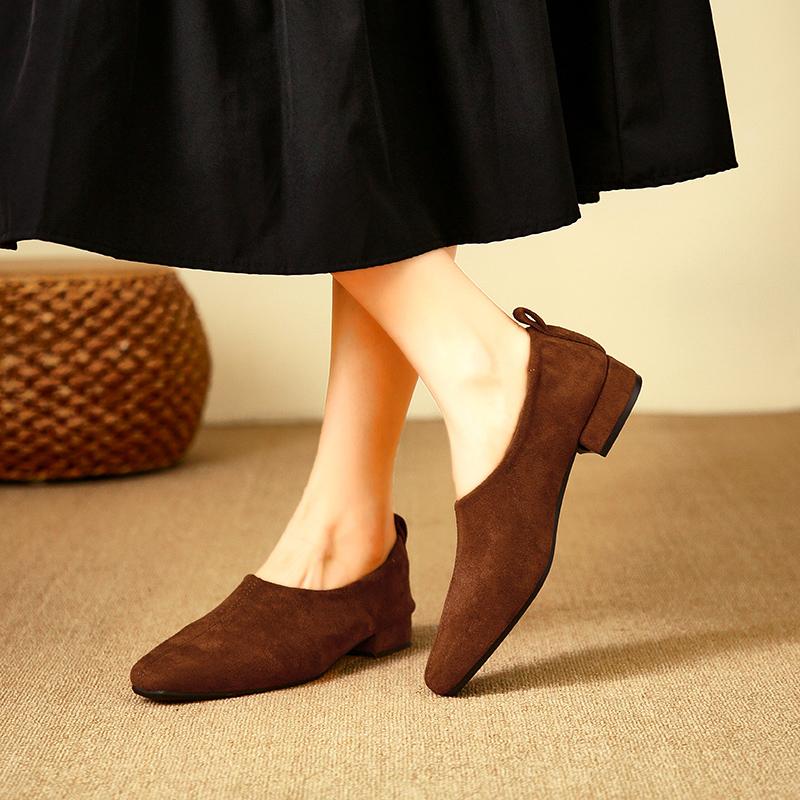 Comfortable Elegant Square Toe Shallow Mouth Simple Plain Suede Pedicure Women Thick Heel Low Heel Professional  Single Shoes