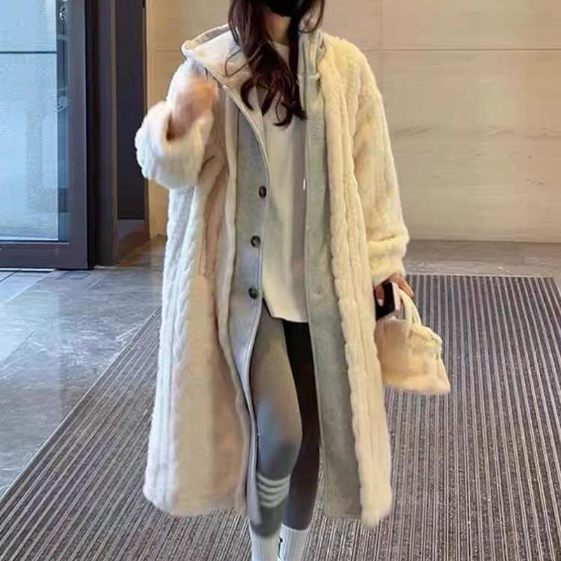 Damski płaszcz ze sztucznego futra jagnięcego i skóry - Jesień/Zima Długi styl