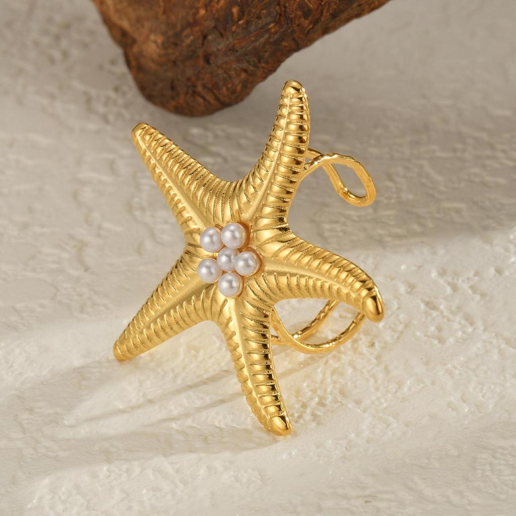 Anello Aperto INS Moda Acciaio Inossidabile Stella Marina Perla - Anello Dito Esagerato Placcato Oro 18K da Donna