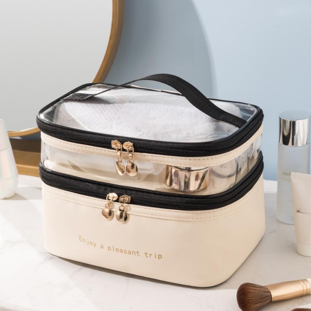 Double-layer Cosmetic Bag Solid Color PU Transparent Wash Handbag INS Fashion Waterproof Travel Portable Large Capacity Storage Bag