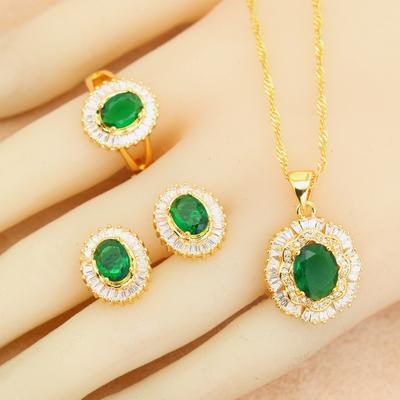Magnifiques Ensembles de Bijoux de Mariage Plaqué Or pour Femmes Boucles d'Oreilles en Cristal Vert Collier Pendentif Bague Ouverte Cadeau de Fête