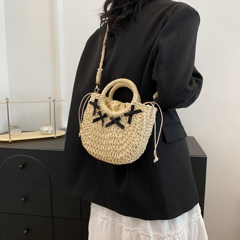 Straw Woven Bag Small Fragrant Style Sling Shoulder Crossbody Bag Hand-held Women's Bag Bow Design Beach Bag KTY