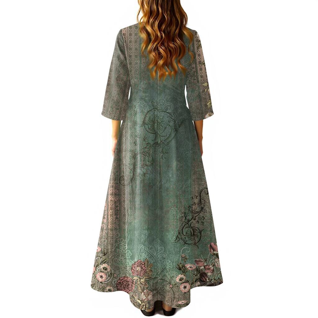 Dámské retro etnické lněné maxi šaty bez rukávů s výstřihem do V a stuhovou výšivkou