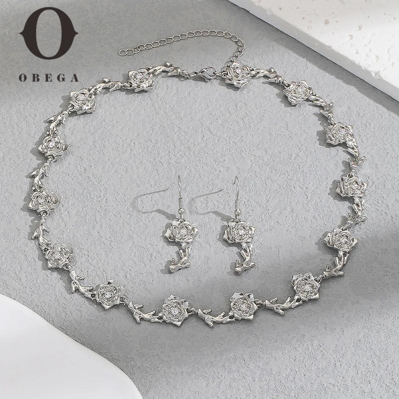 

Obega 2PCS Rose Flower Jewelry Set Clavicle Choker Necklace Hoop Earrings Set For Woman Girl Trendy Style Daily Jewelry Wear