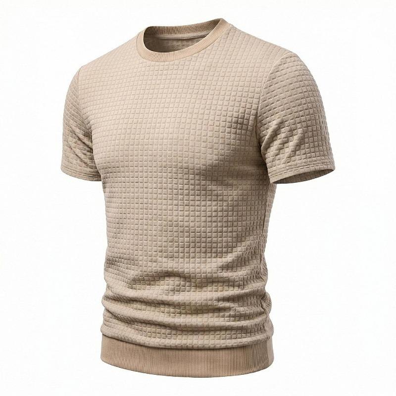 Men Waffle Grid Textured Crew Neck Short Sleeve T-Shirt
