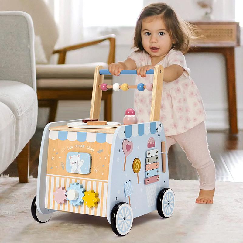 Multi-Functional Cartoon Ice Cream Wooden Baby Walker Stroller