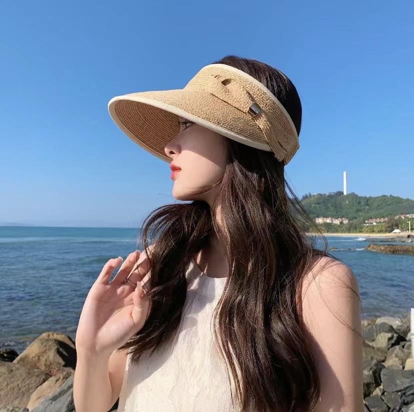 UV Protection Big Eaves Raffia Empty Top Cycling Hat Women's Sun Protection Sun Hat Summer Straw Hat Duck Tongue Sun Hat