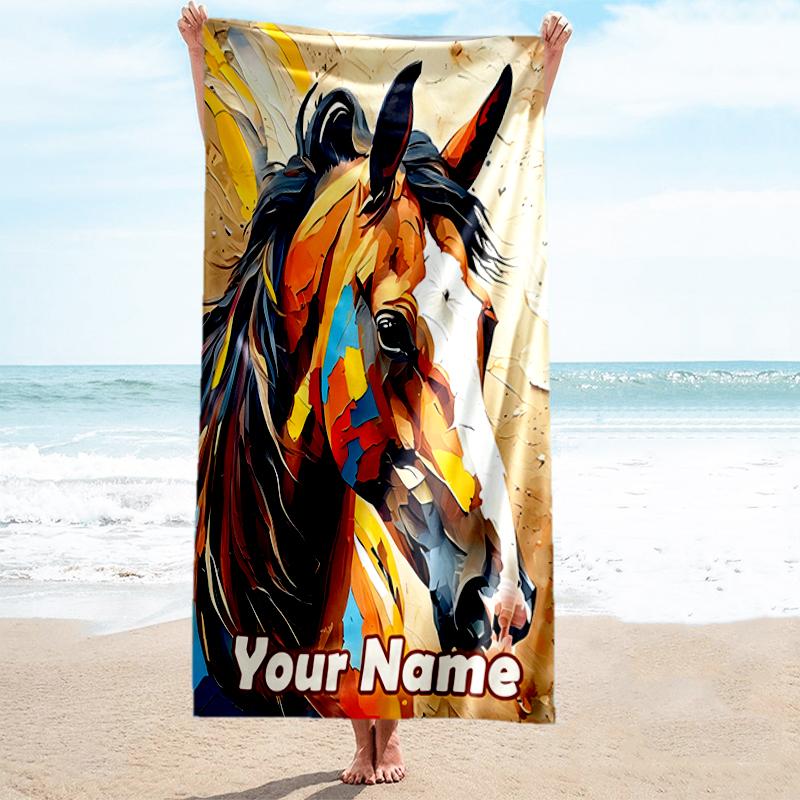 1PC Custom Name Abstract Horse Portrait Beach Towel Highly Absorbent And Sand-Resistant Towel for Swimming, Pool, Yoga, And Travel Lightweight