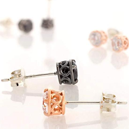 MUSUBI Matching Pair of Earrings for 925 Sterling Simple Design with a Single Cubic Zirconia CZ Stud Couples, Silver,