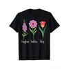 Black Womens Floral Print T-Shirt | Short Sleeve, Round Neck, Casual Daily Summer Top with Foxglove, Tulip Botanical Design, Spring/Summer