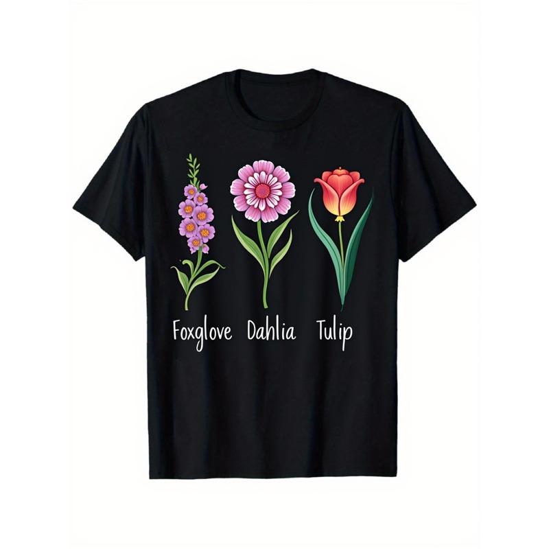 Black Womens Floral Print T-Shirt | Short Sleeve, Round Neck, Casual Daily Summer Top with Foxglove, Tulip Botanical Design, Spring/Summer S чёрный