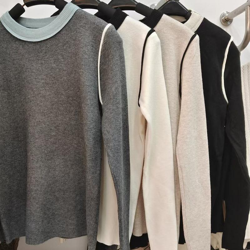 Premium Color Block Round Neck Knit Base Layer Women Spring Autumn Slim Pullover Sweater Long Sleeve Top