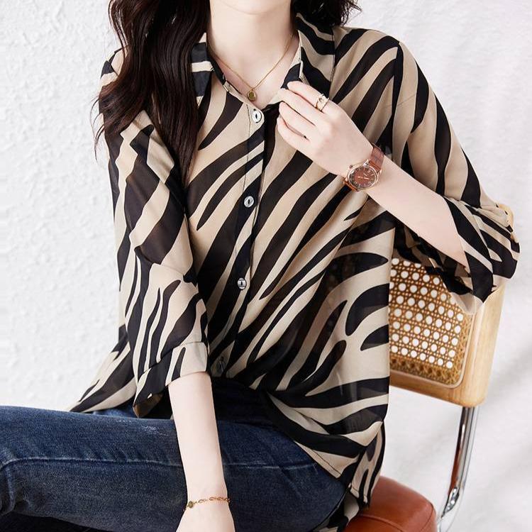 Seven Sleeve Striped Sun Protection Shirt for Women Chiffon Shirt with Zebra Pattern Loose Shirt Top