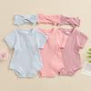 Citgeett Summer Newborn Girl Outfit Short Sleeve Solid Bodysuit Bowknot Headband Jumpsuit Casual Clothes