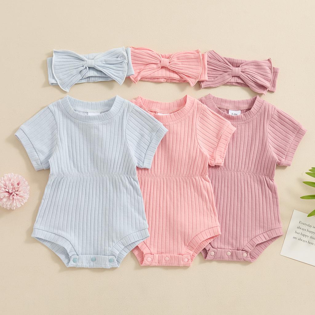 Citgeett Summer Newborn Girl Outfit Short Sleeve Solid Bodysuit Bowknot Headband Jumpsuit Casual Clothes