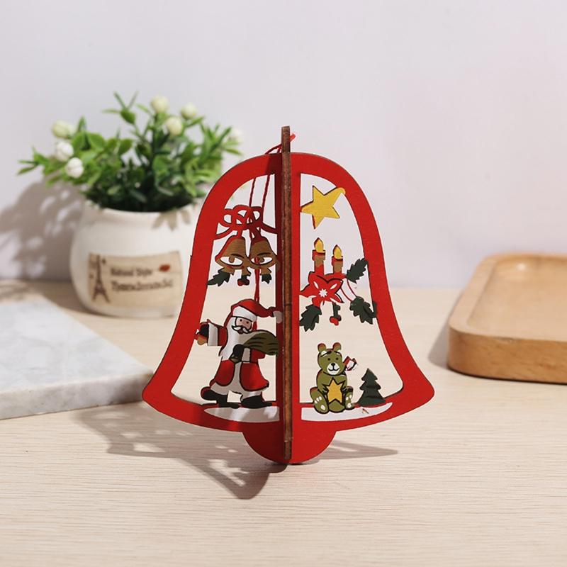 Cute Wooden Christmas Ornaments Star Xmas Tree Bell Xmas Tree Hanging Embellishments Crafts DIY Holiday Hanging Decor