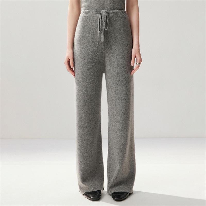 Lekasha Cashmere Women's High-Waisted Loose Knit Pants - Autumn/Winter Drawstring Style