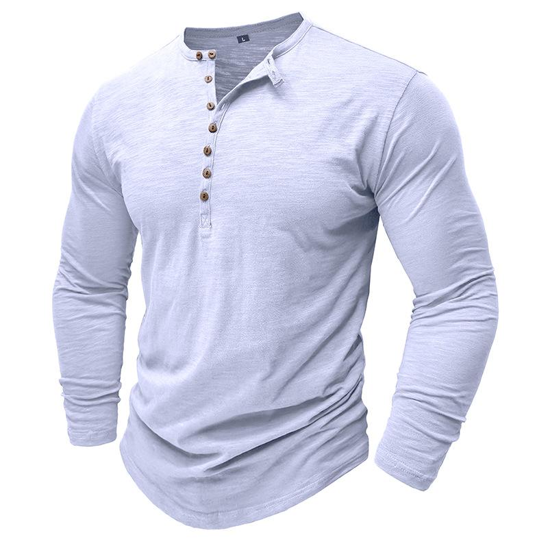 Autumn New High-End Men Cotton Button Henley Neck T-shirts Fashion Solid Color Long Sleeve T Shirt Casual Button Top Tees