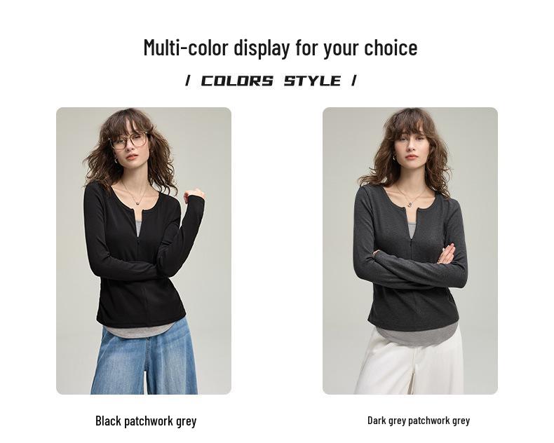 Women's Half-Zip Two-Piece Design Long-Sleeve T-Shirt – Autumn 2025 Collection, Soft & Slim Fit