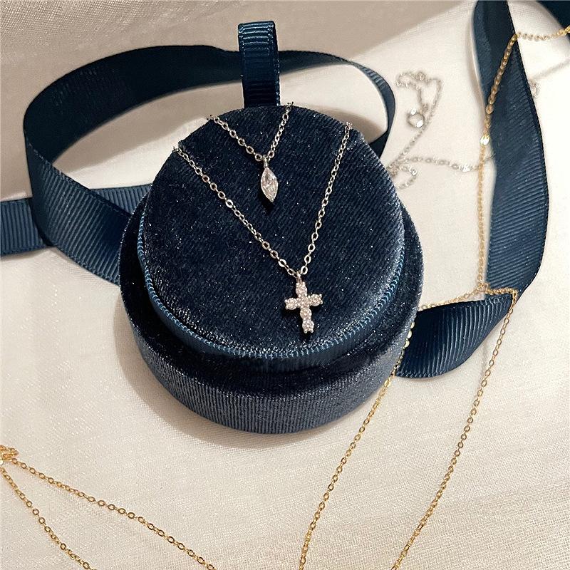 Light Luxury Design Double-Layer Stacked Cross Necklace Street Shot Cold Wind Temperament Water Drop Flash Diamond Collarbone Chain
